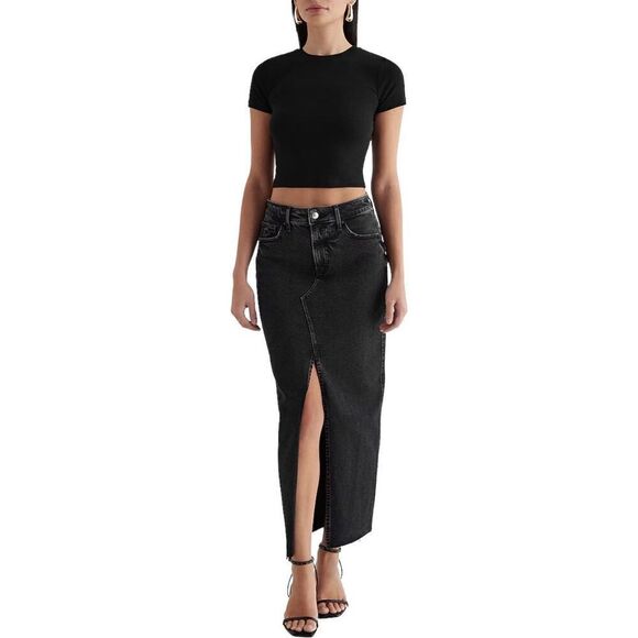 Express Black Denim Midi Skirt with Slit Size 6 - Picture 1 of 5